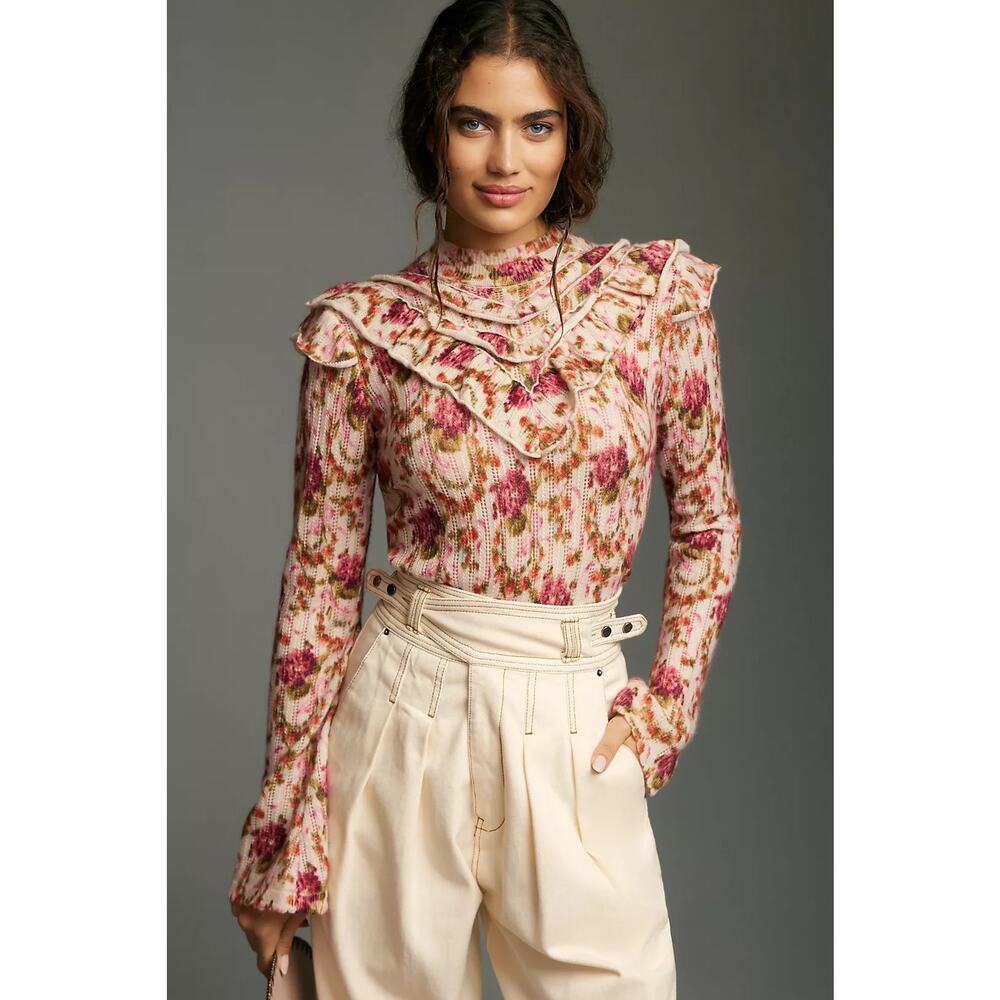 By Anthropologie Victoria Cashmere Floral Ruffle Sweater Size XS Pink High Neck